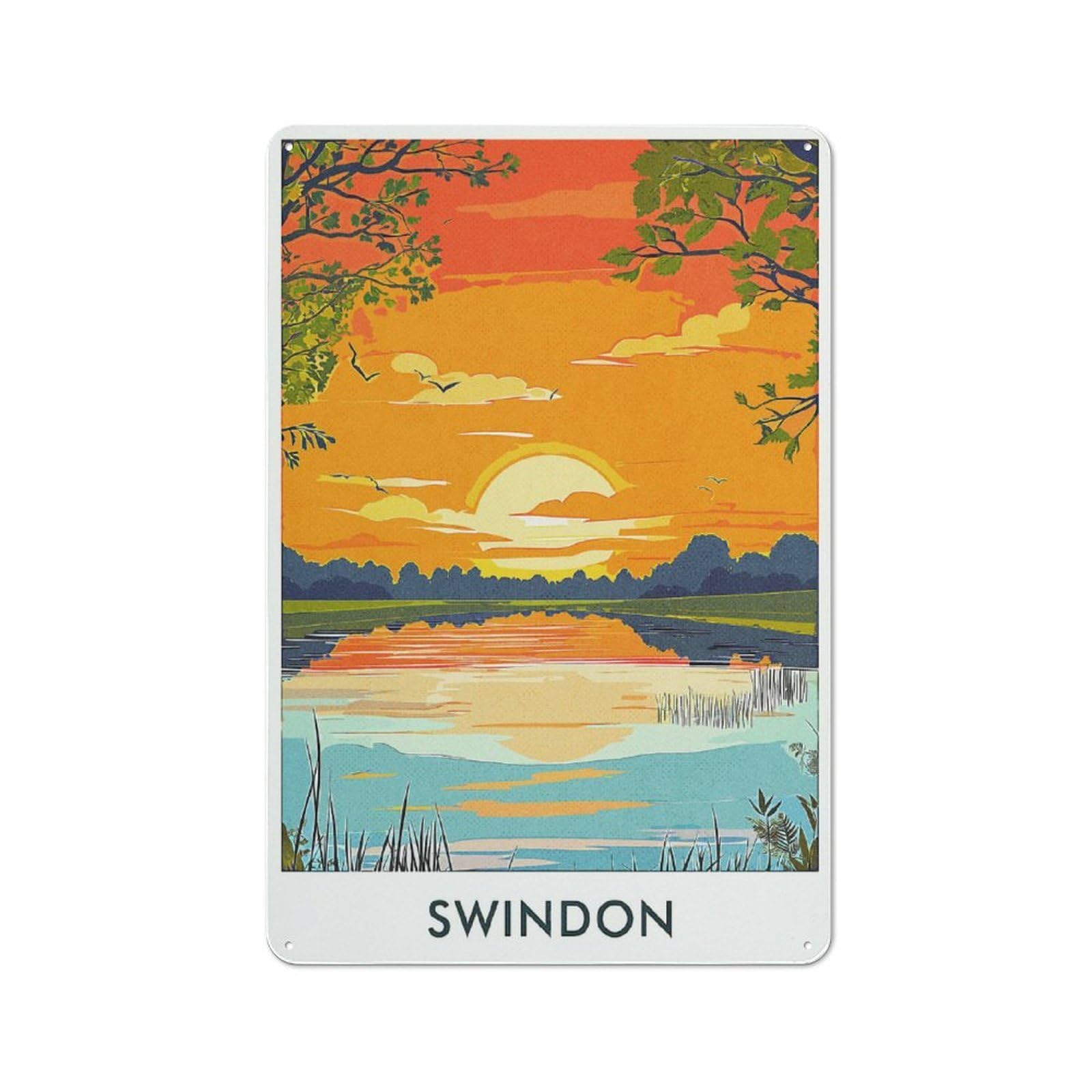 Junmoney Style-24 Tin Wall Plaque 30X20cm With Swindon Sunset Landscape For Bar Or Restaurant, For Hospitality Decor Collectors
