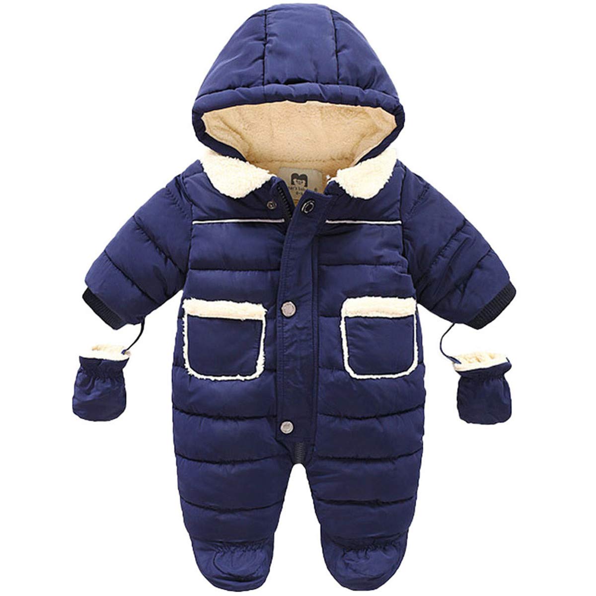 JELEUON Newborn Baby Toddler Girls Boys One Piece Footed Button Hooded Pocket Winter Warm Down Jacket Jumpsuit Romper Snowsuit with Gloves 3-6M Navy
