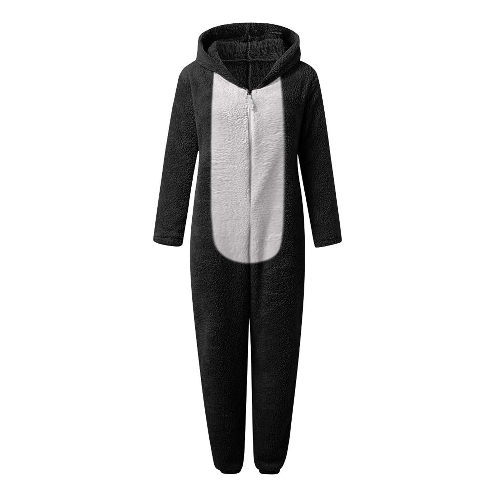 Onesie - Tutina da donna in pile, casual, tinta unita, per adulti e donne, pigiama, a maniche lunghe, con orsacchiotto, in pile, Nero , s