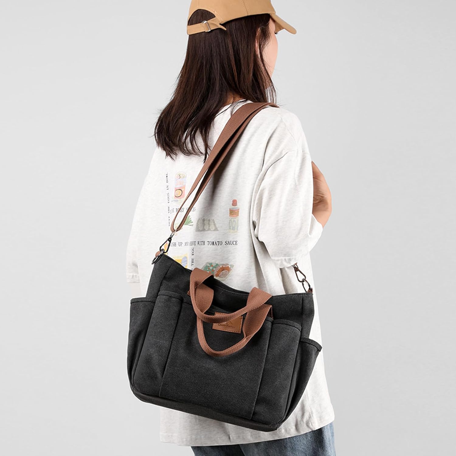 Women's Canvas Tote Bag Lightweight Work Handbag Travel Crossbody Purse with Water Bottle Pocket - Image 4