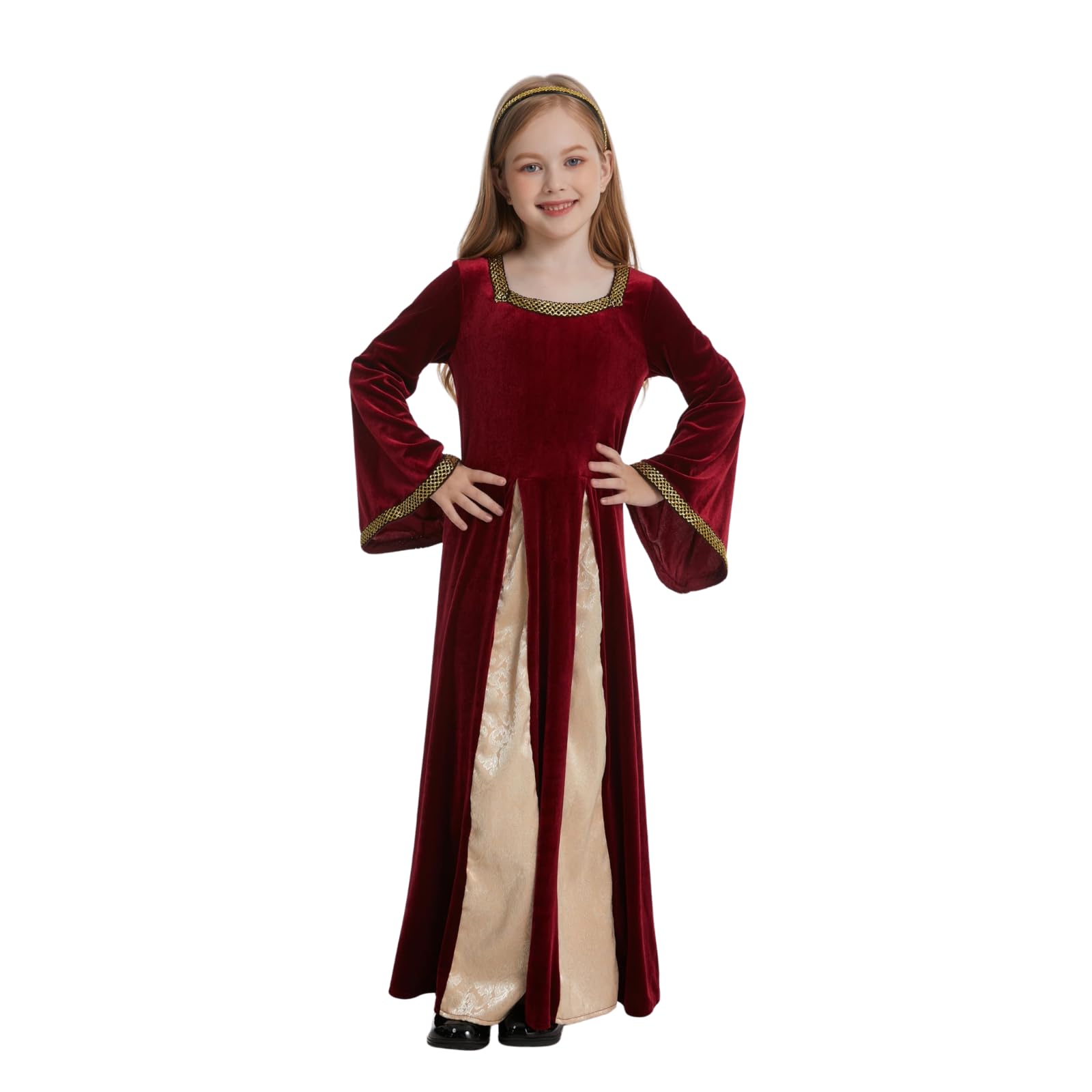DELIVESS Girls Medieval Dress Renaissance Princess for Kids Halloween Outfit Costume 2 PCS (Wine Red, M)
