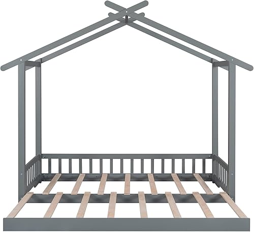 Miniatura 11 de Marco de cama de madera de tamaño individual con cama extragrande extensible, plataforma de suelo con techo y barandilla en forma de valla, no