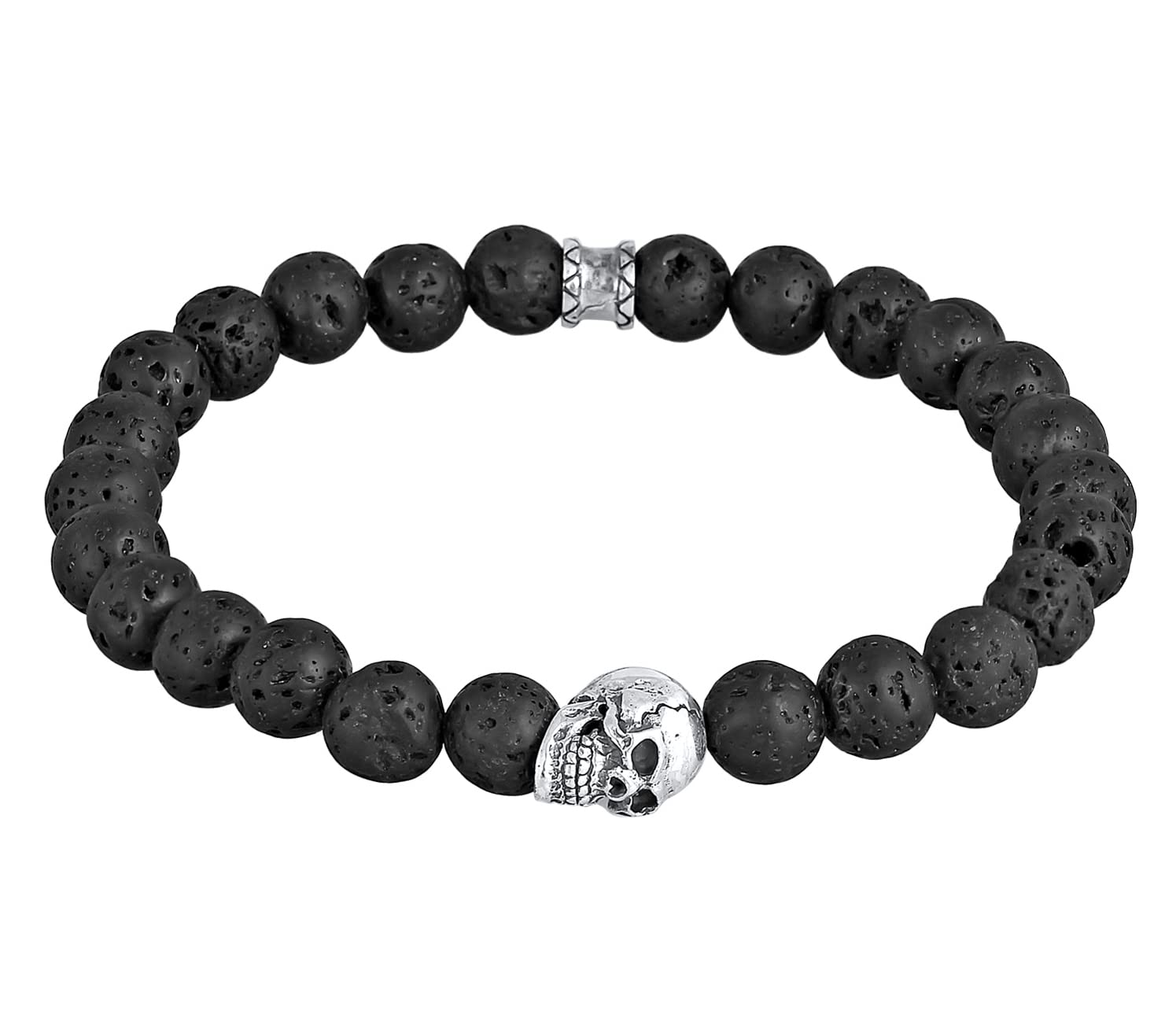 Kuzzoi Herren Armband mit Lava Stein Perlen 925 Silber Totenkopf Bead