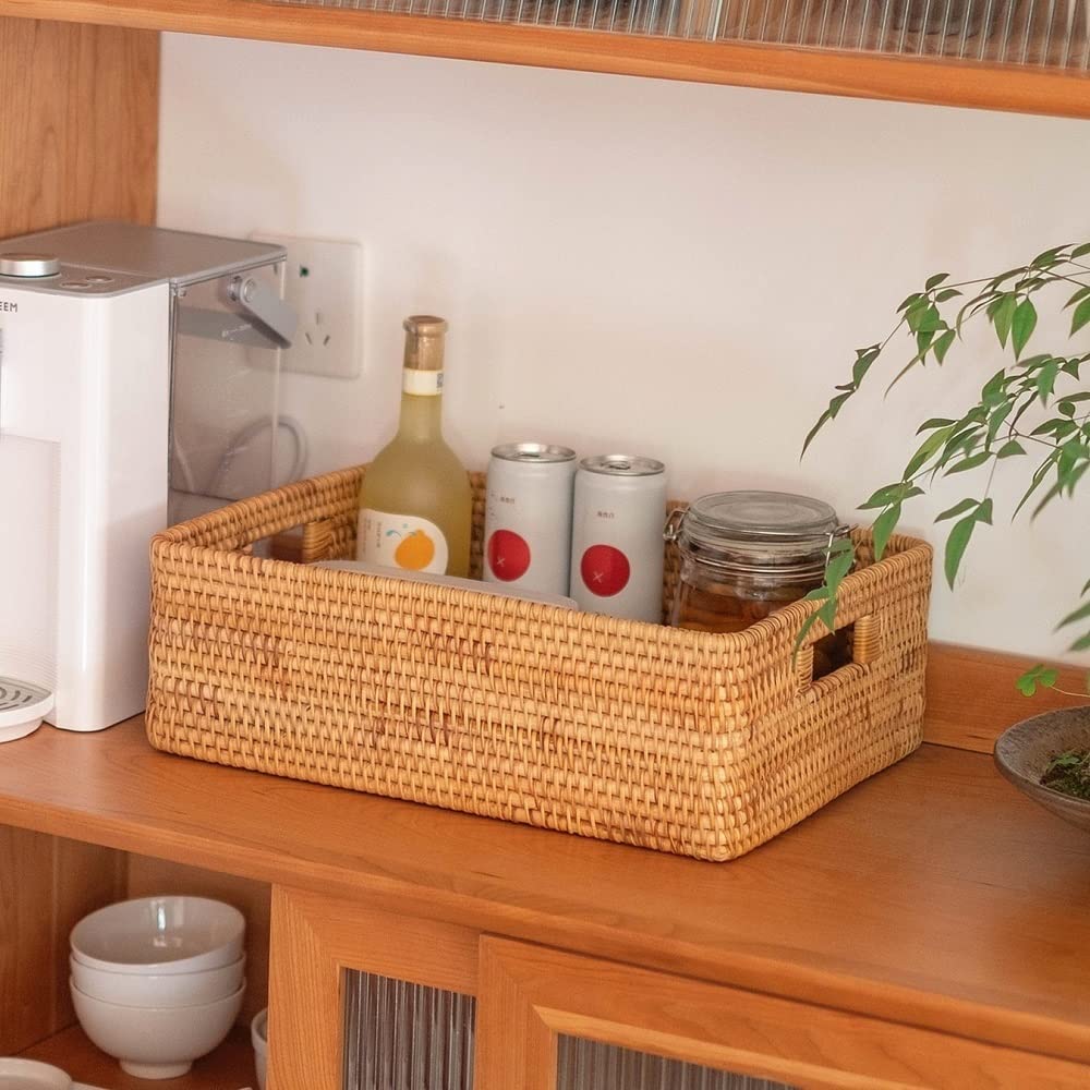 Cesta de Almacenamiento Rectangular portátil de ratán para Cocina, Ideal para Llevar artículos Diversos de Escritorio.