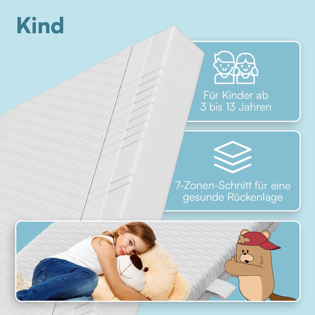 Bellabino Twist Kindermatratze 140x200 cm – Matratze Kinderbett Härtegrad H1/H2 – Hochwertige 7 Zonen Kaltschaummatratze – Jugendmatratze 15 cm hoch – mit waschbarem Bezug, allergikerfreundlich