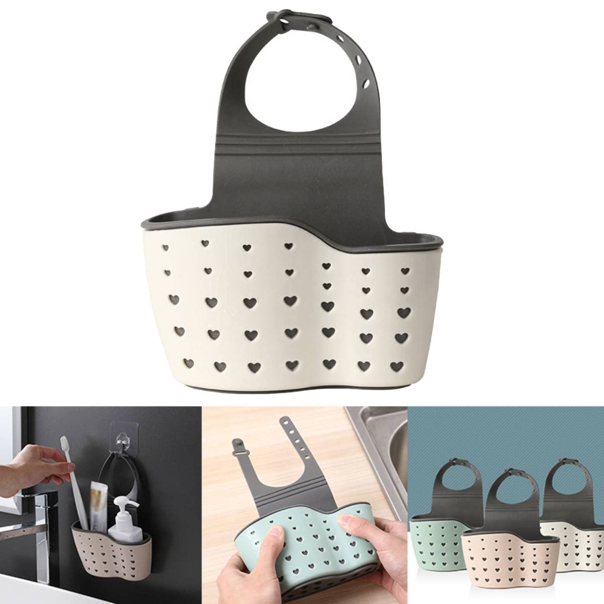 Kitchen Sink Caddy Sponge Holder Silicone Drain Basket for Brush Sponge and Soap Sink Hanging Sponge Holder with Adjustable Strap for Kitchen Sink (White)