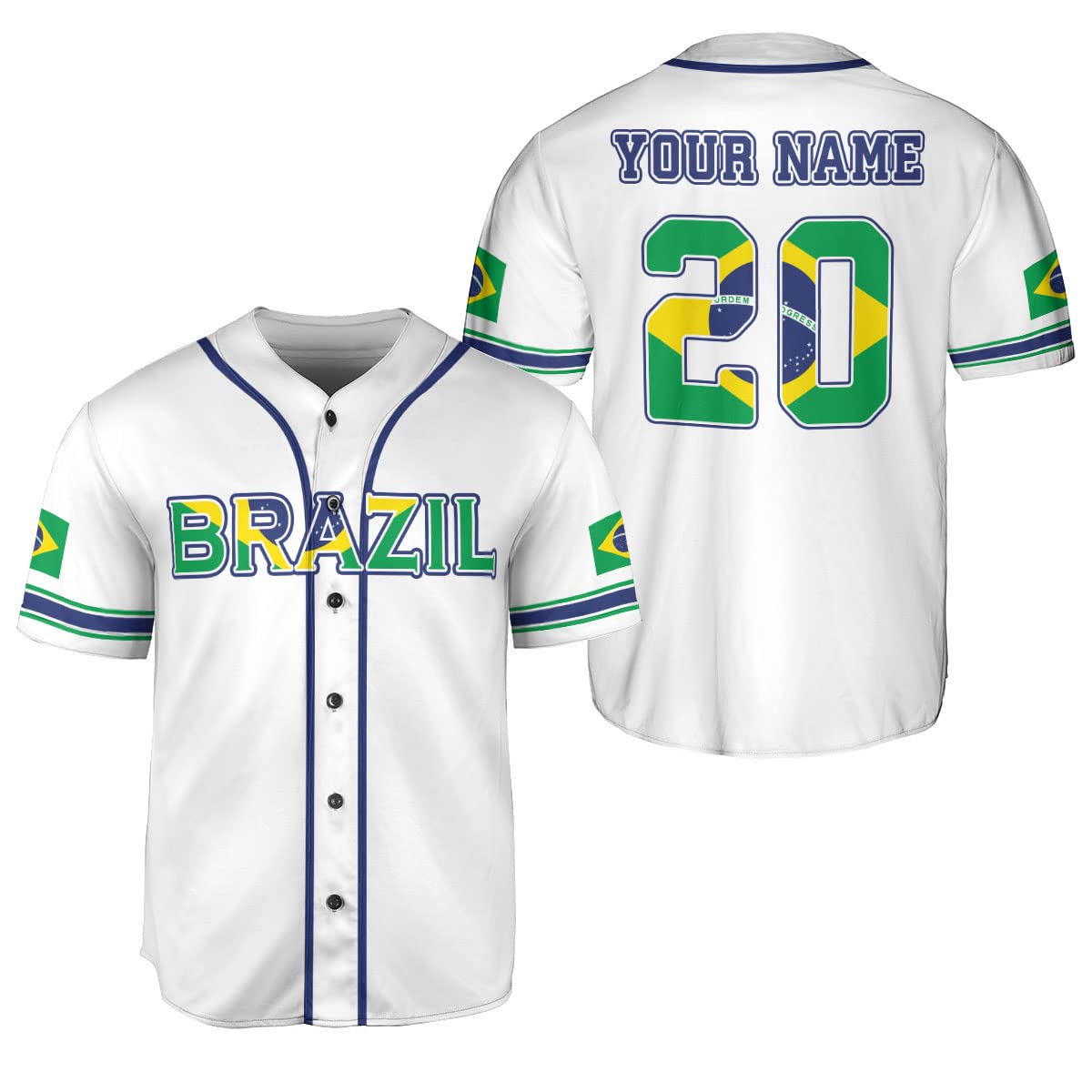 Podagree Personalized Brazil Baseball Jersey Shirt Brasil Brazilian Flag Bandera Bandeira Jersey Soccer for Men and Women (BZ3)