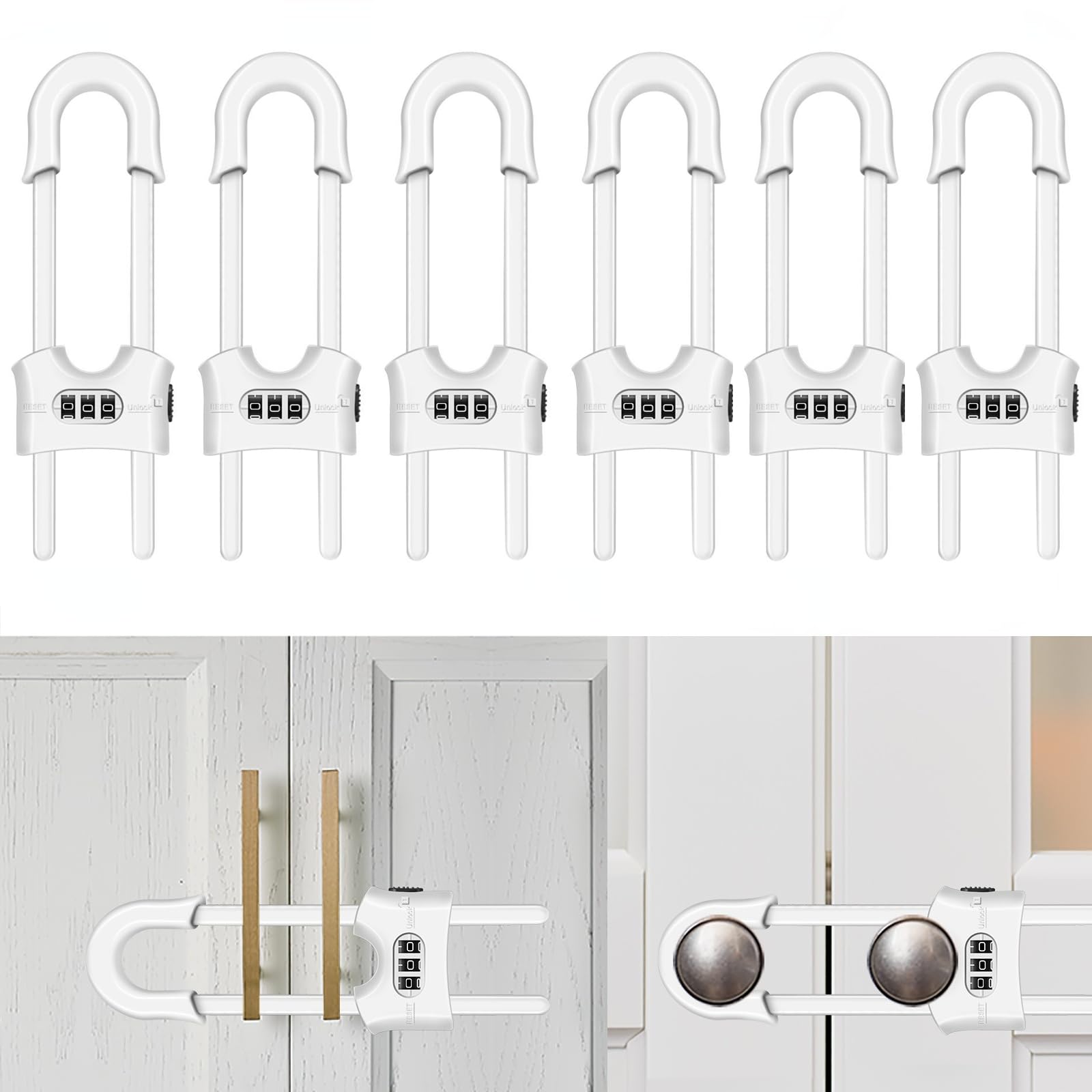 Cupboard Locks, Child Safety Sliding Cabinet Lock, U Shape Adjustable 3 Digit Password Combination Locks for Kitchen Cabinets and Cupboards, Install Without Drilling or Adhesive (White, 6 Pcs)