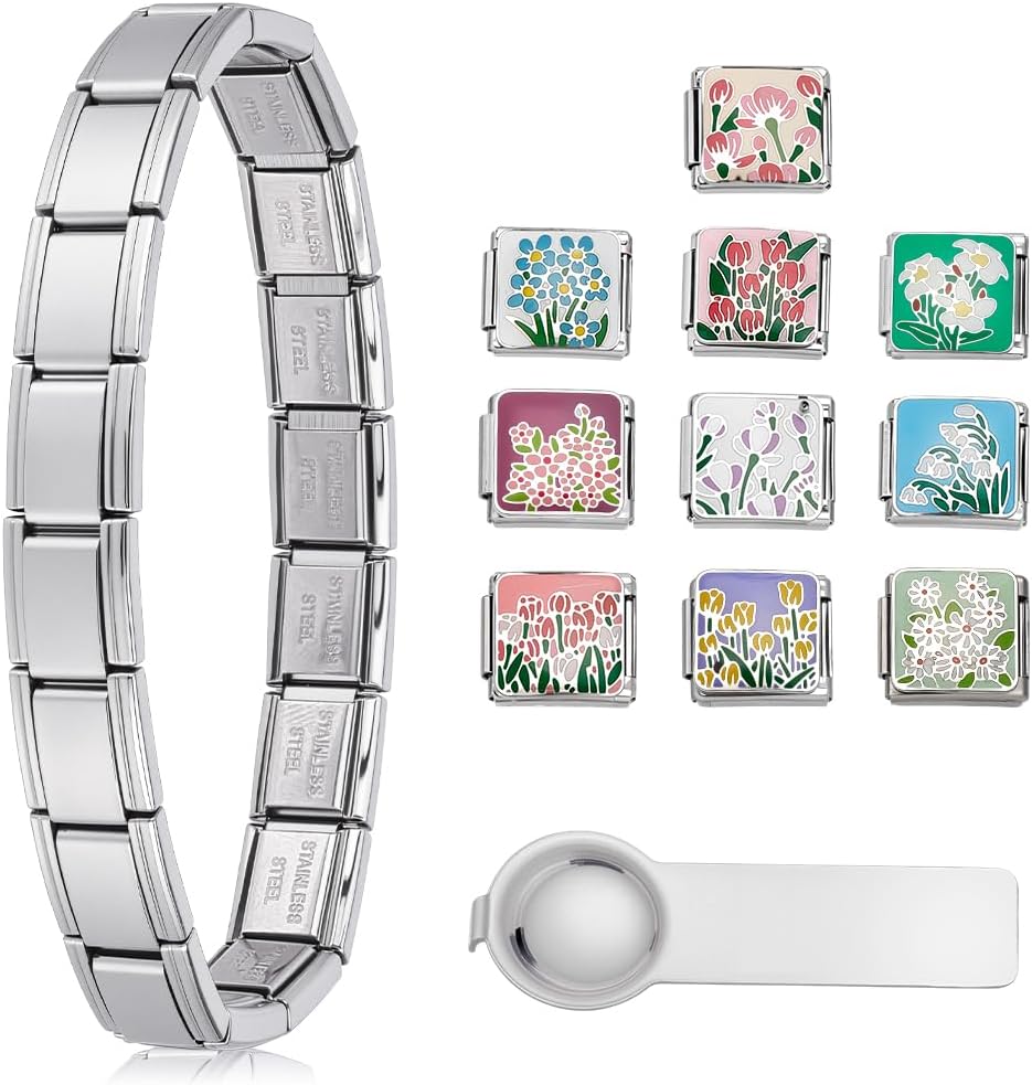 Adjustable Italian Charm Bracelet Set with 1Pcs DIY Modular Charm Bracelet 10Pcs Charms and Opening Tool, Stainless Steel Italian Modular Bracelets Link for Women Men Handmade Jewelry Gifts, Silver