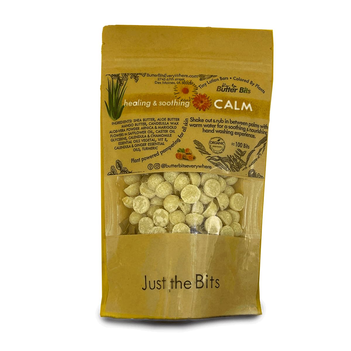 Calendula & Turmeric- Organic.Calm Butter Bits lotion bars-for dry hands in to-go sustainable packaging. Vegan- Organic- No Beeswax- ingredients clean enough to eat! (Medium - 100 Bits in Jar)