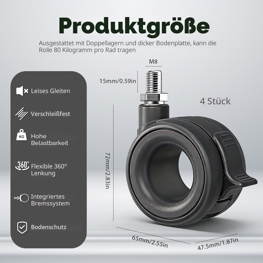 Möbelrollen mit Bremse,Rollen 4er Set, Transportrollen,Schwarz Schwerlastrollen,bis 80kg belastbar Lenkrollen ø65mm mit M8 Gewindestift Möbelrollen für Möbel,Grill, Wagen, Transportund Geräte