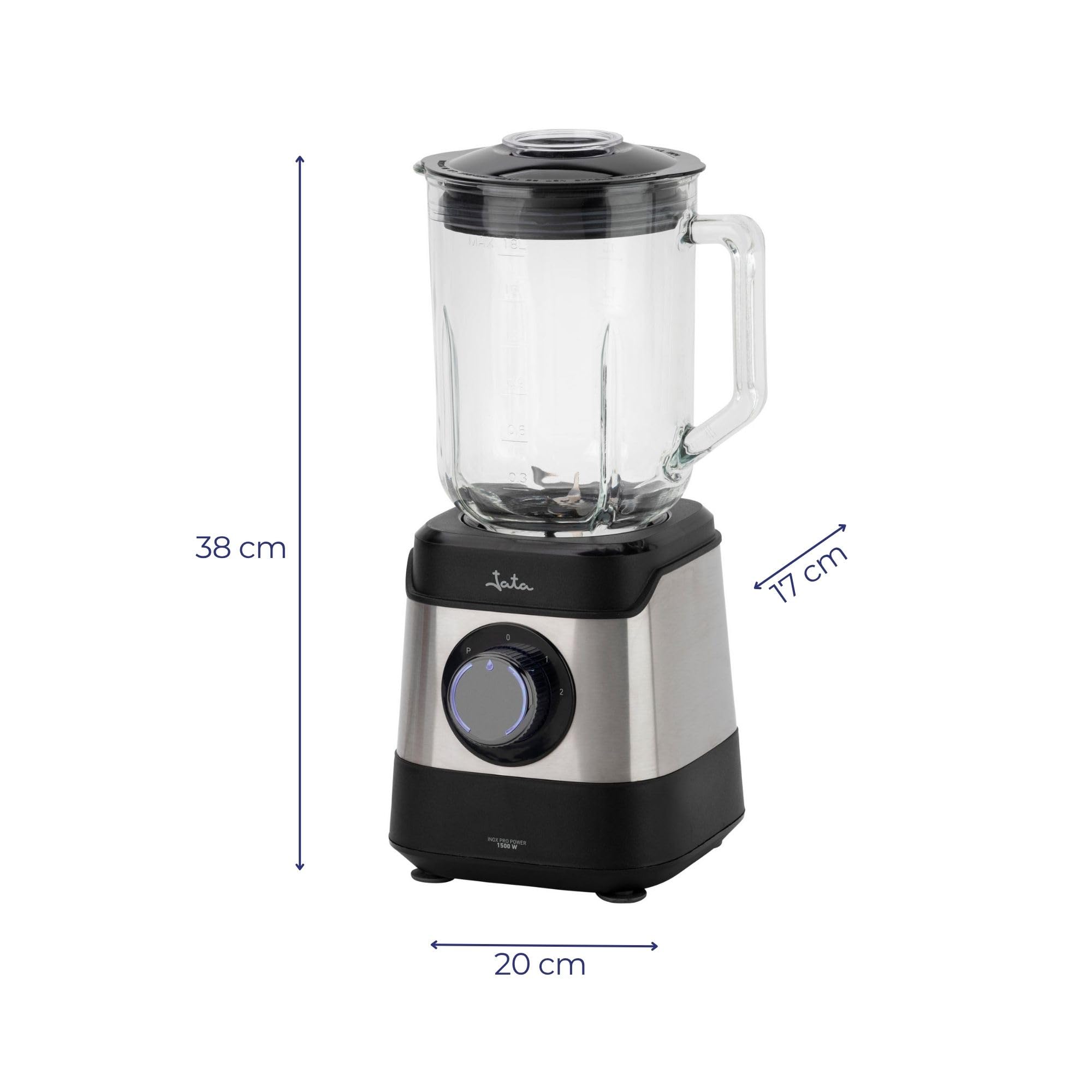 JATA JEBT3855 - Batidora de Vaso 1500 W con Jarra de Cristal 1,8 L, Motor AC Alto Rendimiento 17000 RPM, Tritura Hielo, 2 Velocidades + Pulse, Cuchillas Acero Inoxidable, Sistema Seguridad