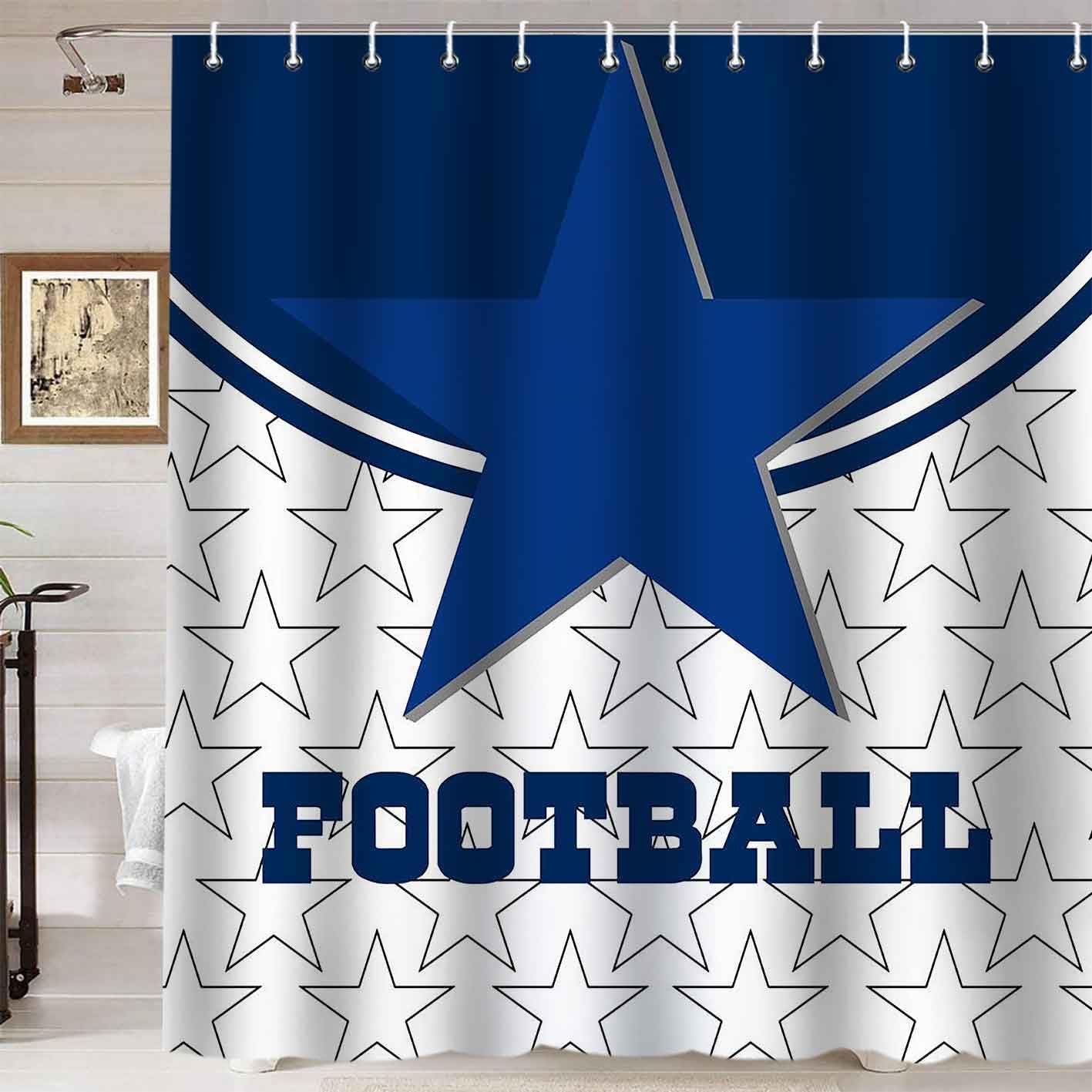 Namdeva 4PCS/Set American Football Shower Curtain, White Navy Blue Texas Star Player Athlete Championship Modern Cool Sports Bathroom Decor for Men, Non-Slip Bath Rugs Toilet Mats, White & Blue Stars