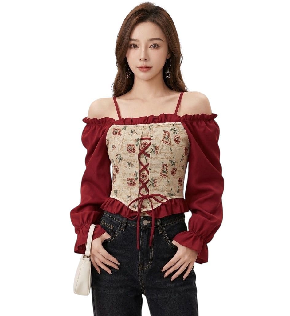Women's Off Shoulder Floral Top with Lace-Up Front, White Puff Sleeves, Ruffle Hem, Western Style Crop Blouse-picture-43