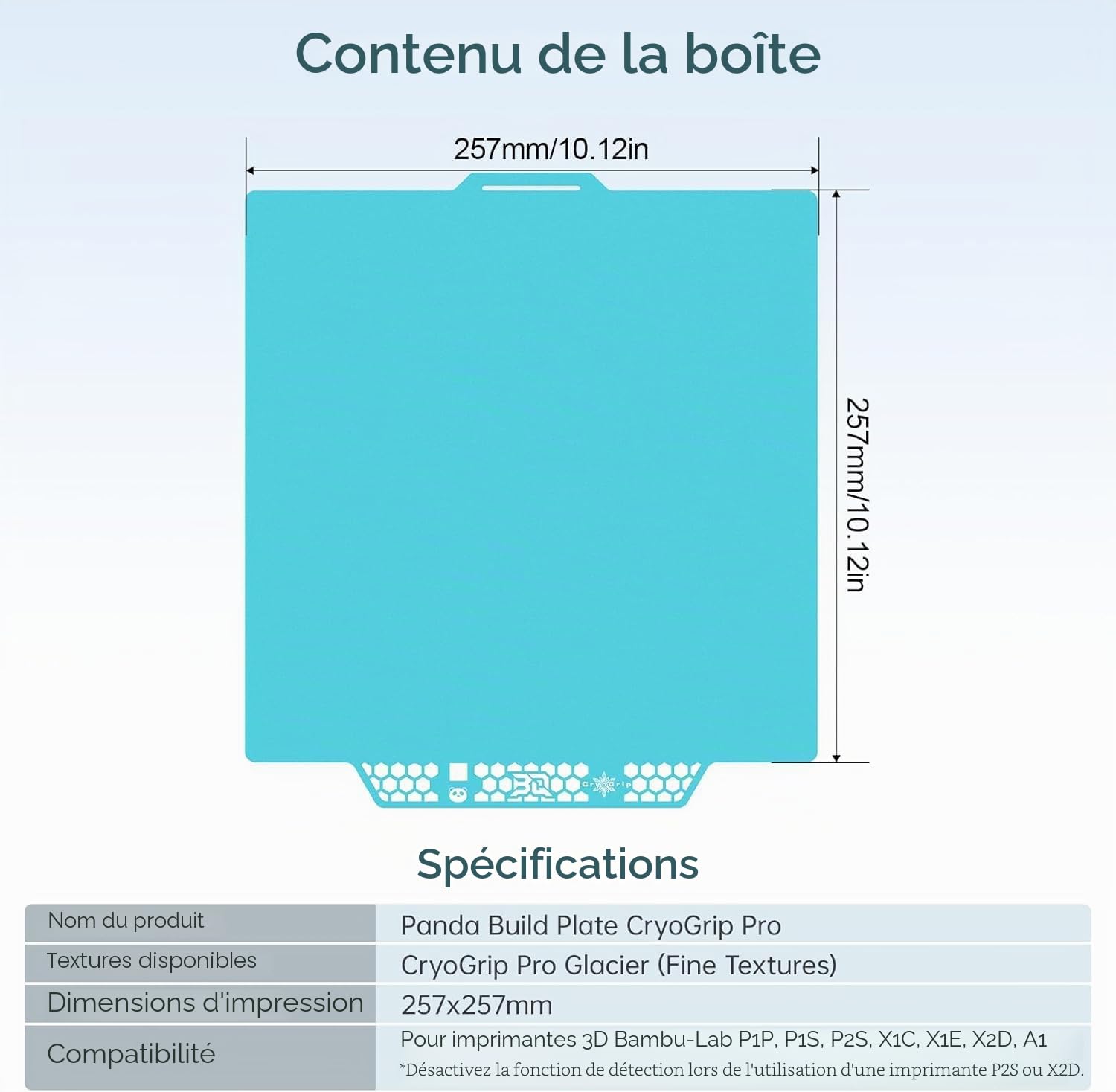 BIQU CryoGrip Pro Glacier-Original Panda Build Plaque pour Bambu-Lab P2S/P1S/P1P/X2D/X1C/X1E/A1, Feuille en Acier à Ressort Fine Texturée Double Face, Adhérence Ferme, 257 x 257 mm, 1 Pièce
