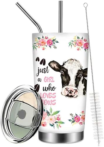 Miniatura 4 de Greture - Vaso térmico de acero inoxidable con tapa y pajilla, diseño de flores, diseño de vaca, de 20 onzas, taza de café con diseño de flores,