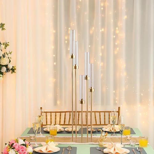 Miniatura 7 de Candelabro de 5 brazos con pantalla acrílica, juego de 4 candelabros dorados para mesa de boda, fiesta de cumpleaños, decoración del hogar, 39.4