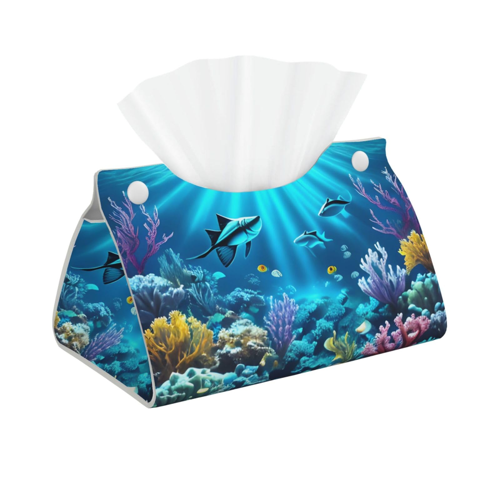 Submarine Coral Rays Long Leather Tissue Box Cover-Waterproof PU Leather Tissue Holder for Bathroom, Decorative Rectangular Tissue Case