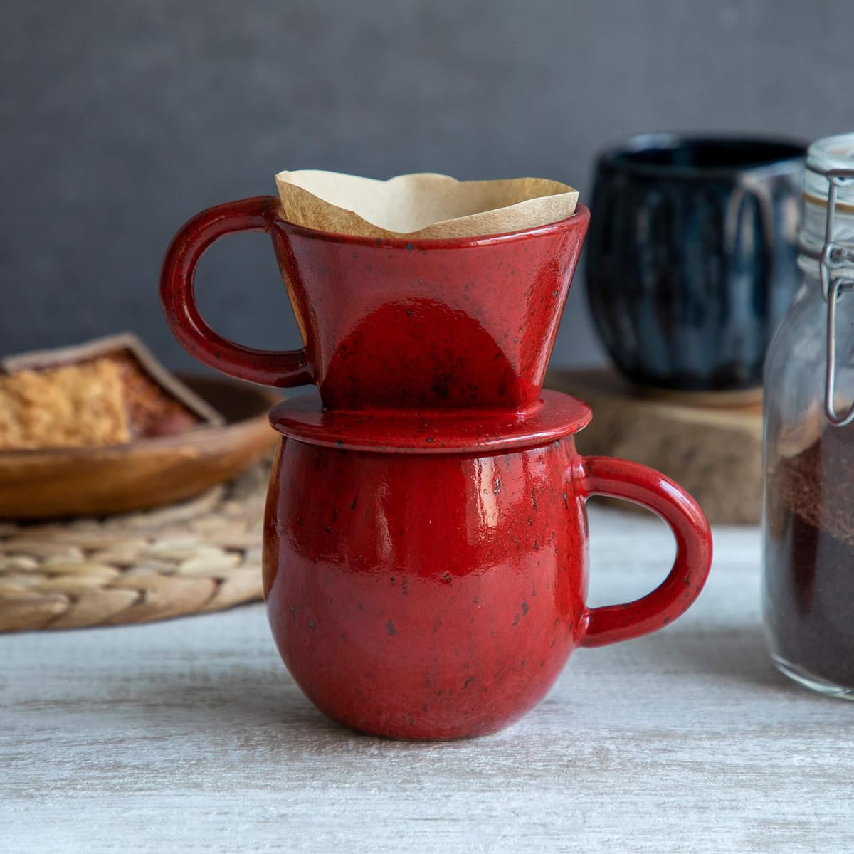 Asayu Japan Keramik Kaffeeaufguss-Set Chrom Rot Papierfilterhalterung Dripper 3 Löcher Kaffee Tee