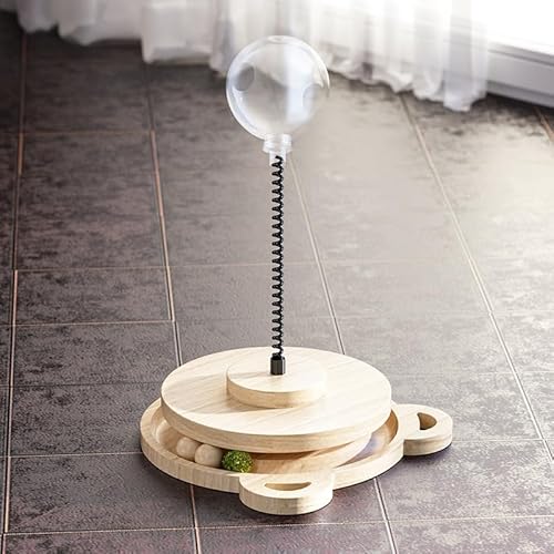 ZLBYXLU 猫のおもちゃ回転ボール 知育玩具おやつペット用品猫の遊び皿猫のおもちゃ運動不足ストレス緩和安全素材木製ナチュラル (B)