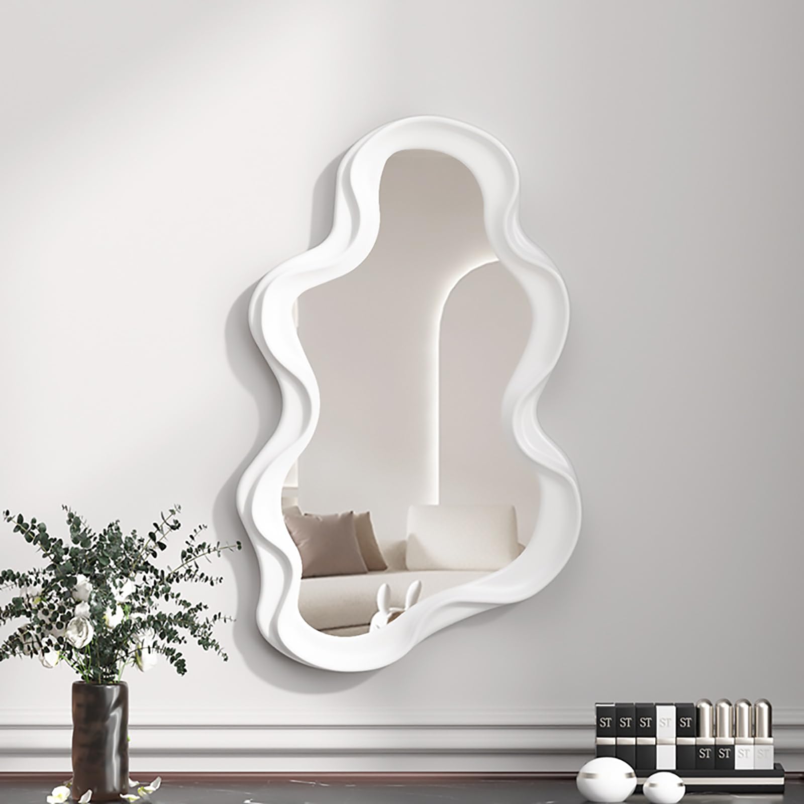 Specchio da Parete a Forma di Nuvola Irregolare, Specchio Asimmetrico da Parete, Specchio Decorativo per Soggiorno, Camera da Letto, Bagno, Ingresso, Bianco.