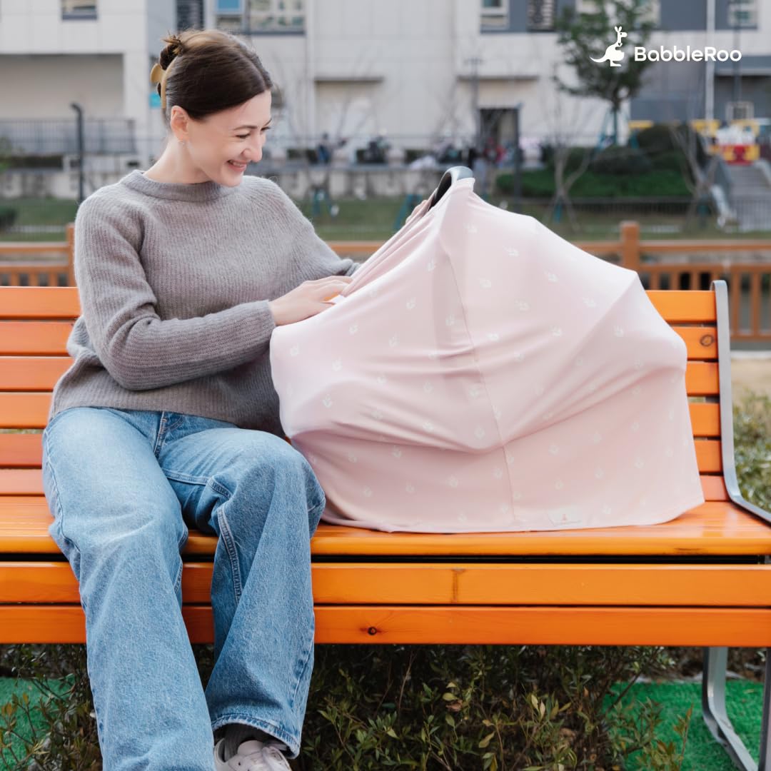 BabbleRoo Nursing Cover for Breastfeeding –95% Viscose Muslin, 5% Spandex, Soft & Breathable Baby Essentials | Newborn Essentials Breastfeeding Covers for Nursing, Multi-Use for Car Seat & High Chair Petal Pink image 8 of 8 B0DP29BGS9