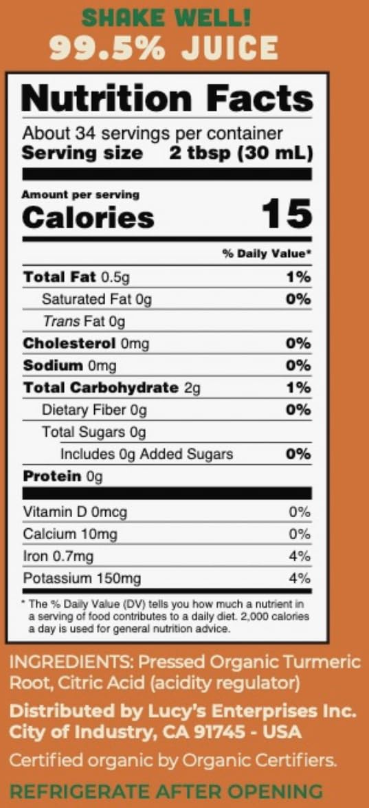 Lucy’s Family Owned - FIJI TURMERIC Organic NonGMO 99% Pure Turmeric Juice, 34 oz. Glass Bottle (Fresh Pressed and Pasteurized)