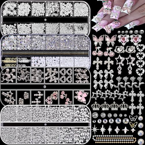 KACHIMOO Silver Nail Charms and Gems Pink Nail Art Charms 4 Boxes Nail Gems Nail Pearls 3D Butterfly Cherry Heart Star Bow Flower Dollar Cross Nail Rhinestones 3D Nail Art Charms for Nails Design