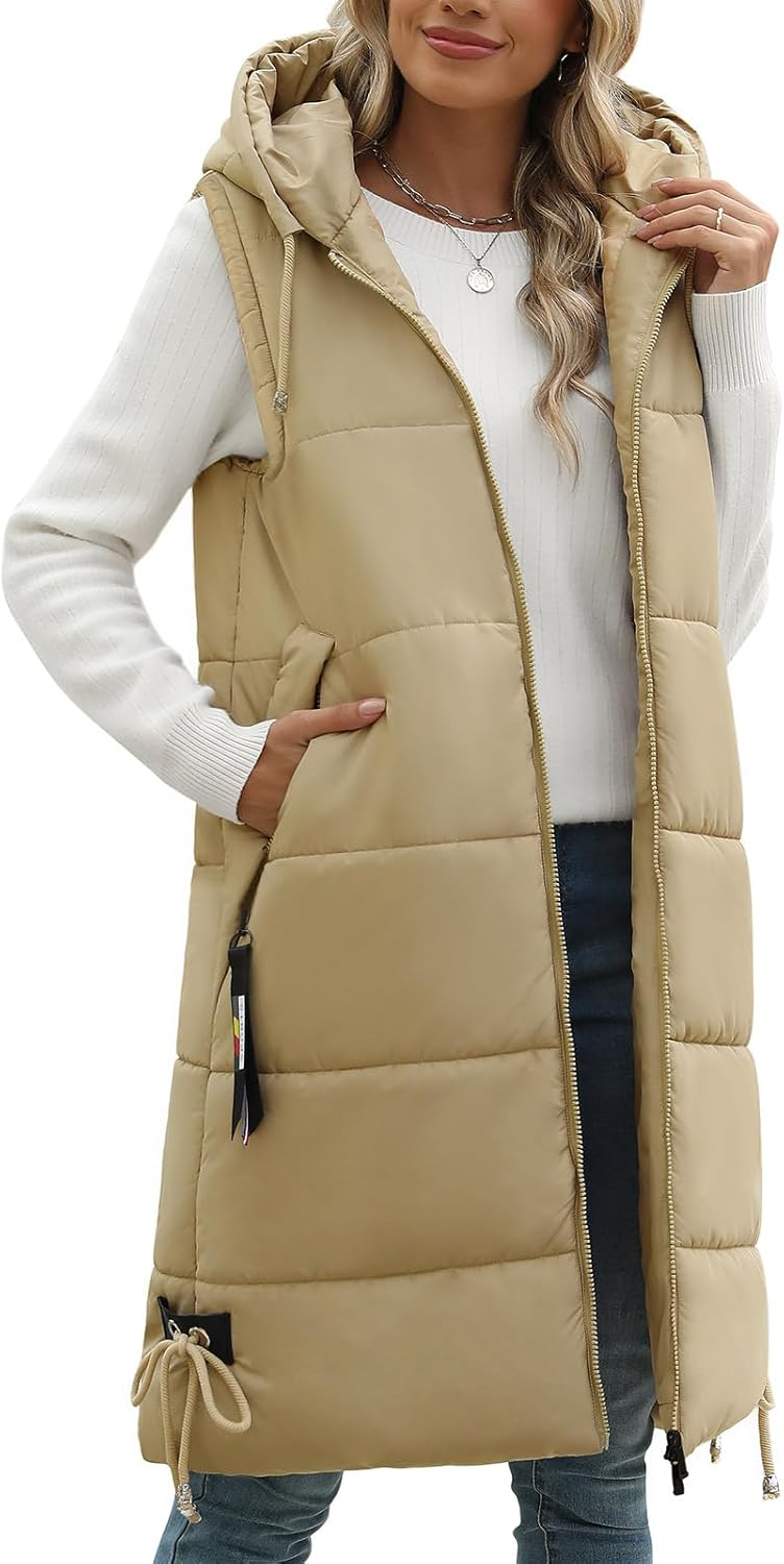 HEEKPEK Women Long Hooded Puffer Vest Winter Warm Quilted Sleeveless Down Jacket Casual Trendy Full-Zip Outerwear Drawstrings - Image 8