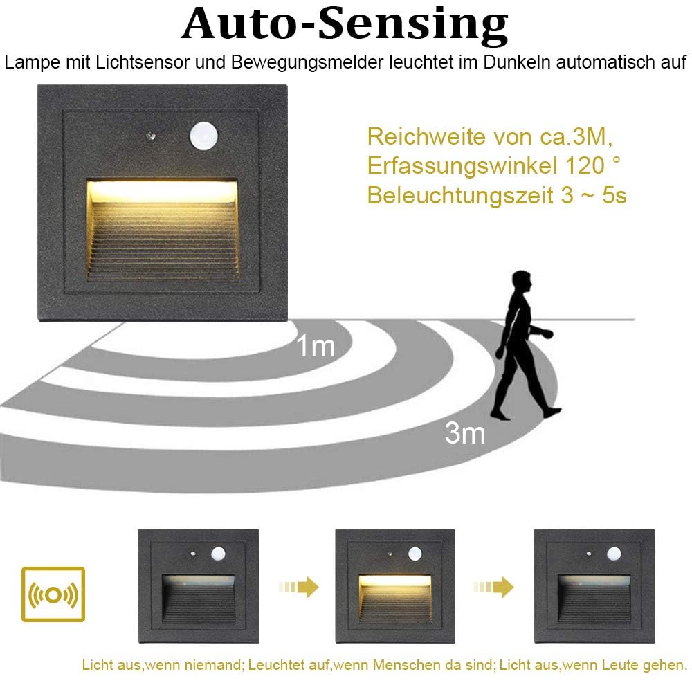 Oświetlenie schodów LED, 4 sztuki, do wbudowania w ścianę, aluminium, 3 W, 230 V, ciepła biel, oświetlenie schodów, oświetlenie zewnętrzne z czujnikiem ruchu, lampa ścienna, oświetlenie
