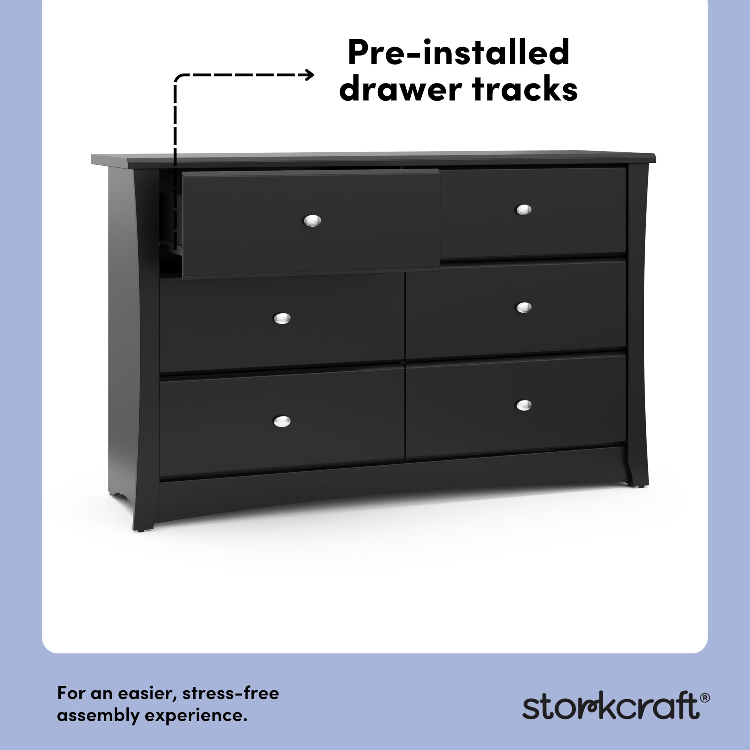 Amazon.com : Storkcraft Crescent 6-Drawer Dresser (Black)  GREENGUARD Gold  Certified, Black Dresser for Bedroom, Kids & Nursery Storage Chest, Safety  Interlocking Drawers, Pre-Installed Tracks, Kids Chest : Baby