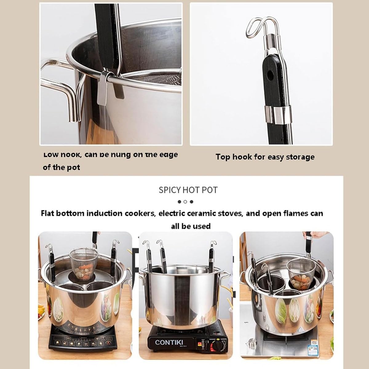 Juego de cocina de pasta comercial, máquina de cocción de fideos de acero inoxidable con agujeros de 3/4/5 y filtros para una fácil preparación de espaguetis, ideal para restaurantes y uso doméstico