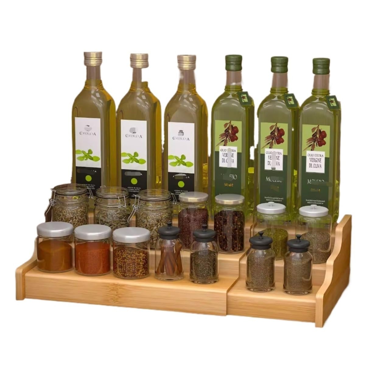 FYIYIEW spice rack, Kitchen Rack Retractable Bamboo Spice 3 Tier Expandable Organizer