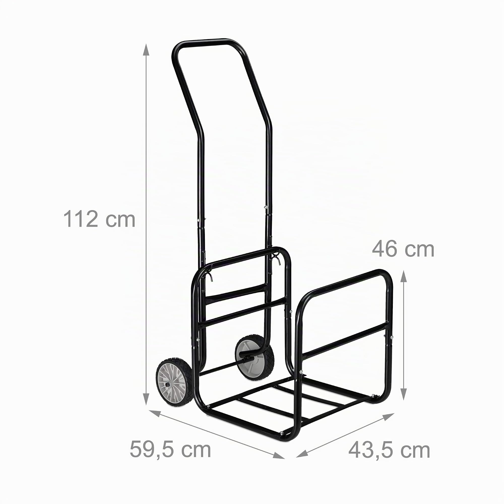 Relaxdays Chariot à bois, 2 en 1, panier à bûches avec roues, en acier, jusqu’à 45 kg, transport & rangement, noir