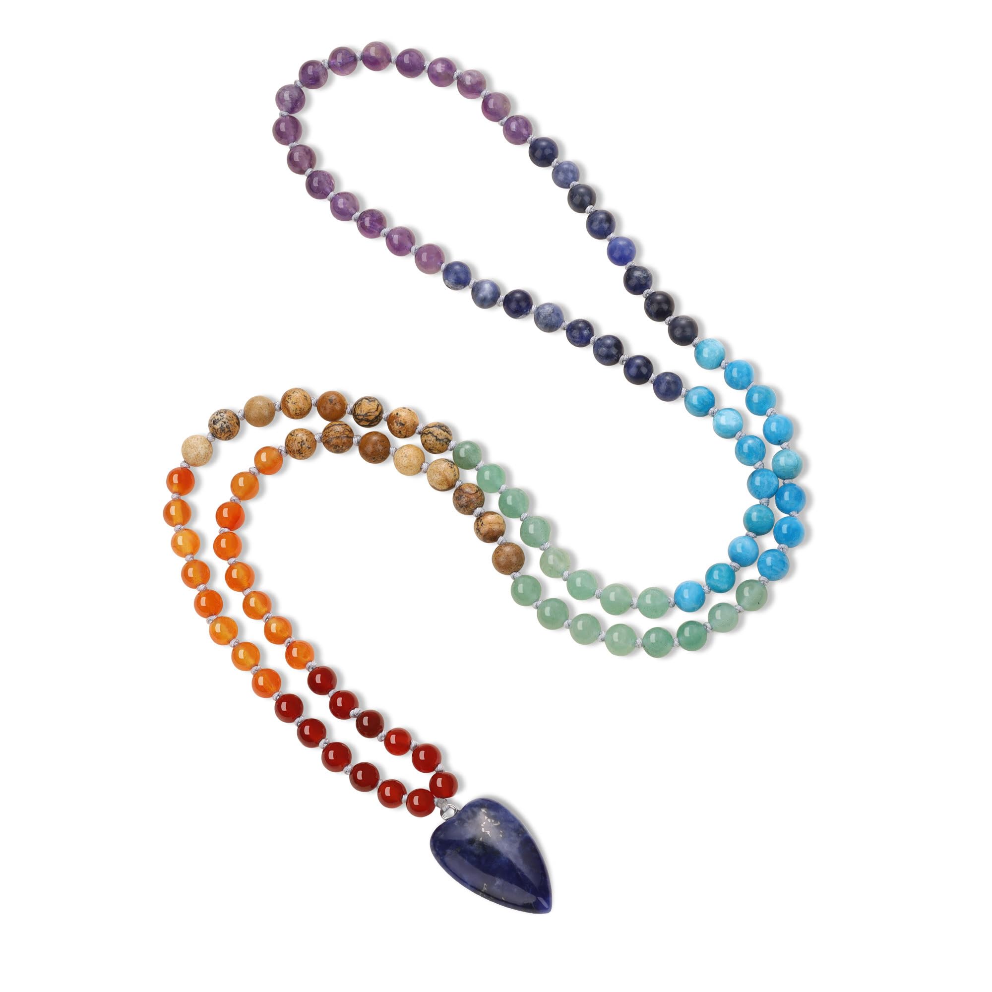COAI Collar Rosario Japa Mala 108 Cuentas de Piedras Naturales Anudadas a Mano y Colgante Corazón Estilizado, Collar Piedras Naturales Hombre Mujer