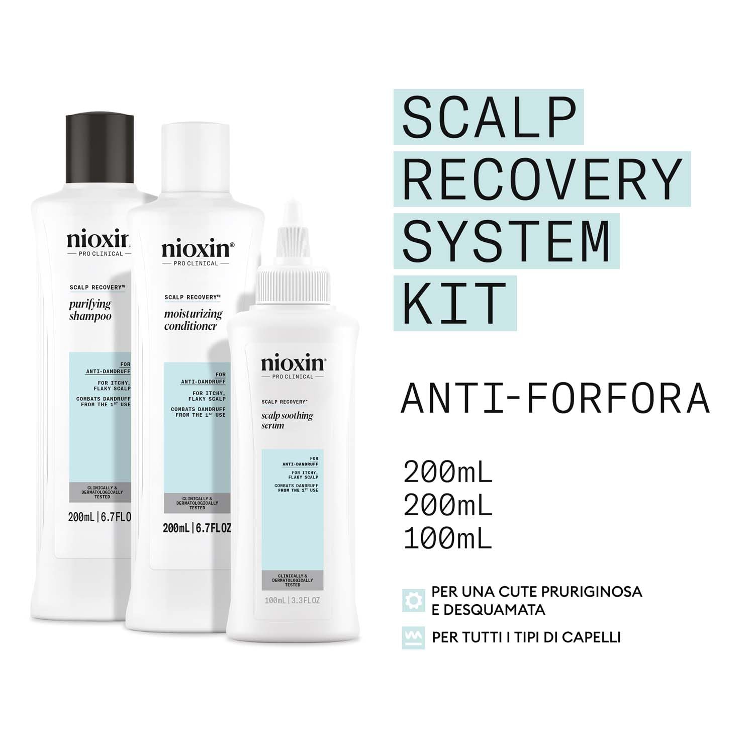 Nioxin Scalp Recovery Sistema - Shampoo Antiforfora per Cuoio Capelluto Irritato, Balsamo e Siero per Capelli (200+200+100 ml)
