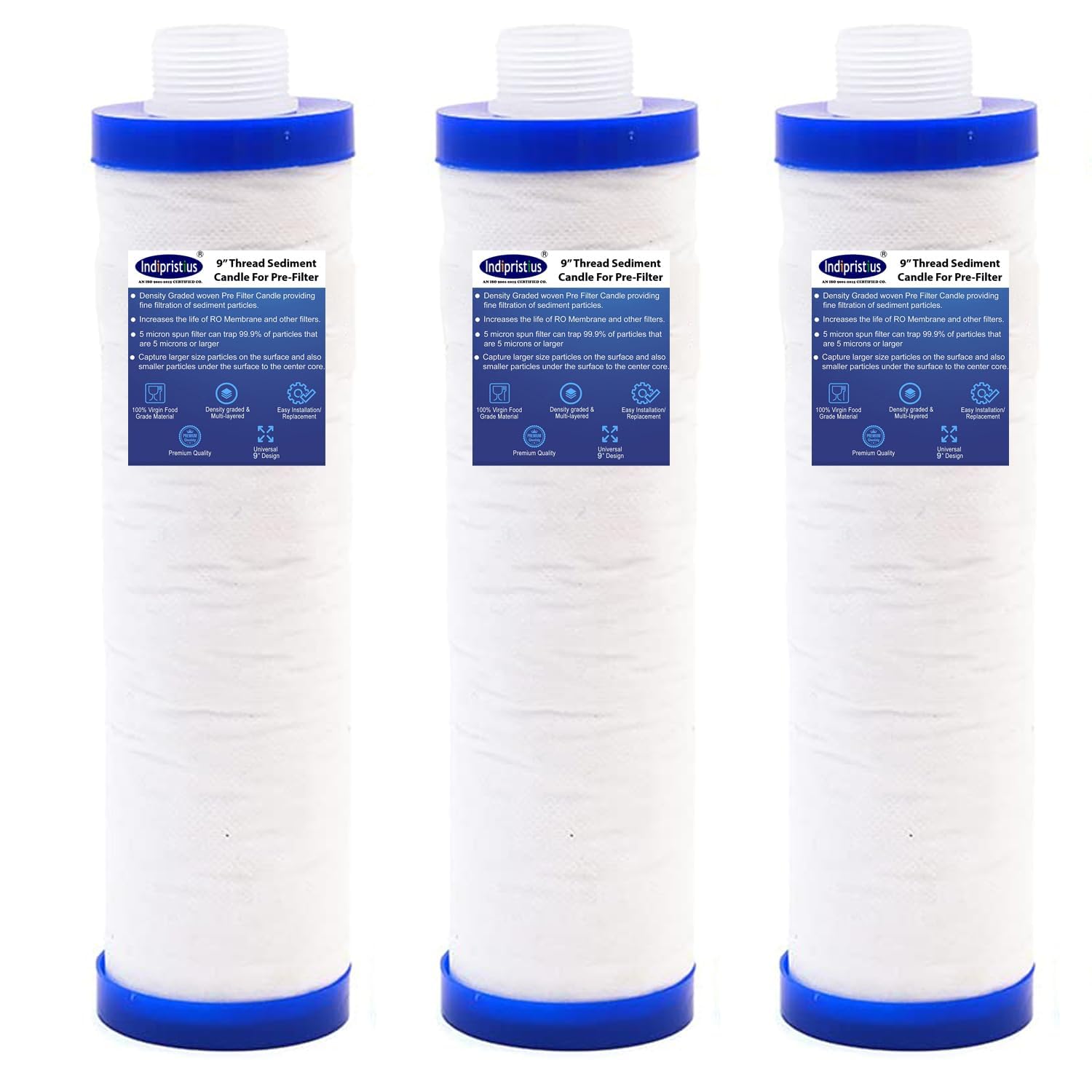 Indipristius Pre Filter Cartridge, 9 inch Candle Filter, RO Water Purifier Candle, Sediment Filter, Compatible with Kent, LG, Livpure, Aquaguard, and All Other Brands Pre Filters (Pack of 3)