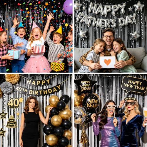 Image of Black Foil Fringe Curtain Party Streamers 2Pack 3.3x8.3 Ft, Black Tinsel Foil Curtain Backdrop Photo Booth Props for Birthday Wedding Bridal Baby Shower Halloween Party Decorations Door Streamers