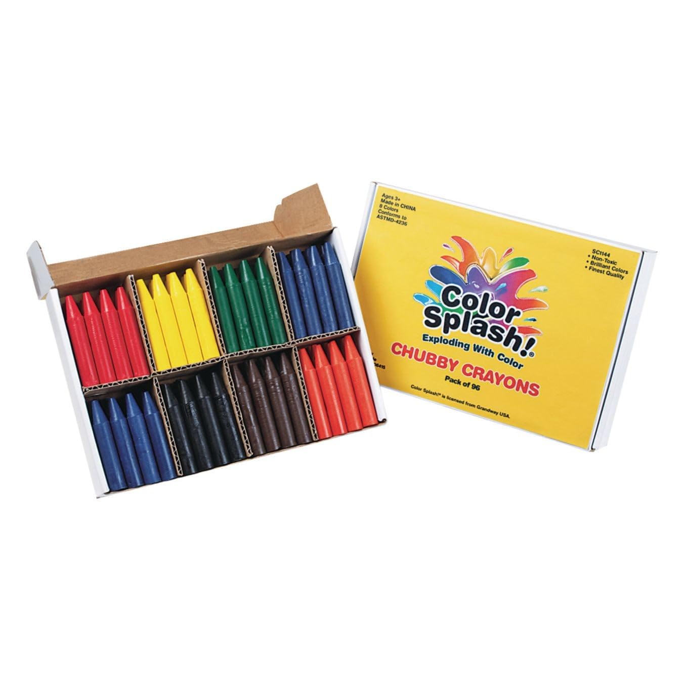 S&S Worldwide Color Splash! Chubby Crayons. Easy To Grip Chunky Crayons For Kids & Seniors, Divided Box For Sorting, 12 ea of 8 Bright Colors, 2-3/8"L x 7/16" diam. No wrappers, Non-Toxic, Pack of 96.