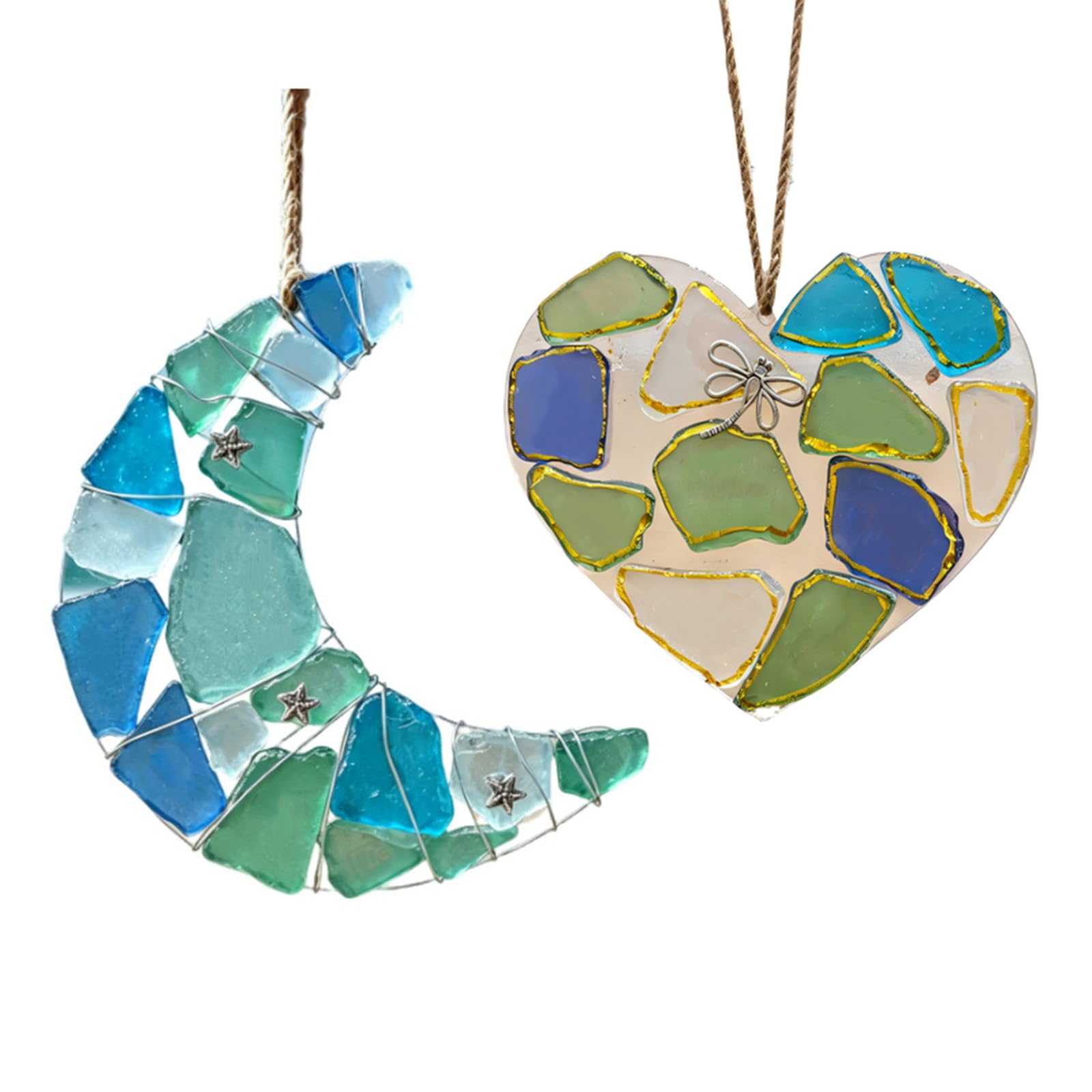 Sea Glass Moons/Heart Ornament Coastal Christmas Tree Hanging Decors Oceans Xmases Pendants Decors Beach Lover Gift Coastal Christmas Hanging Ornament