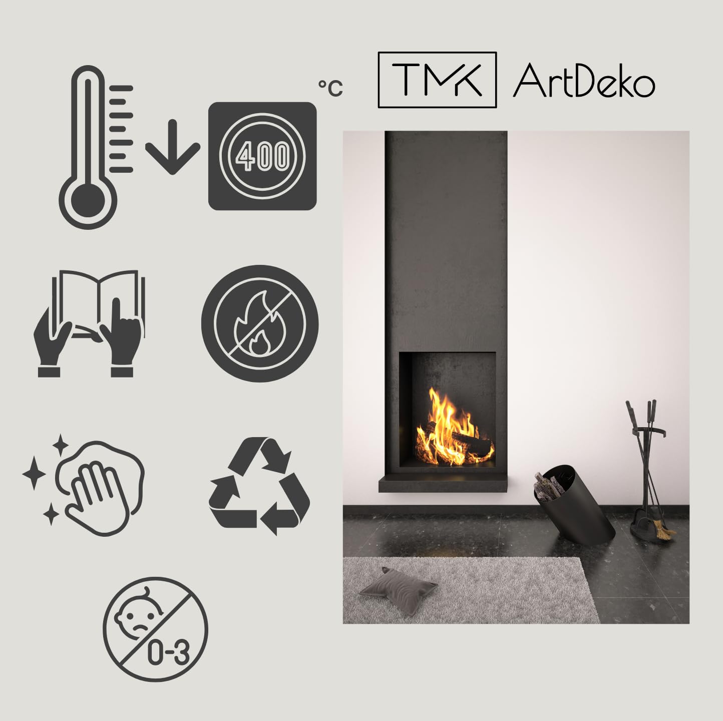 TMK ArtDeko Piastra parascintille per caminetto - Piastra rettangolare in vetro di sicurezza ESG trasparente per stufe a camino - 65x60 cm
