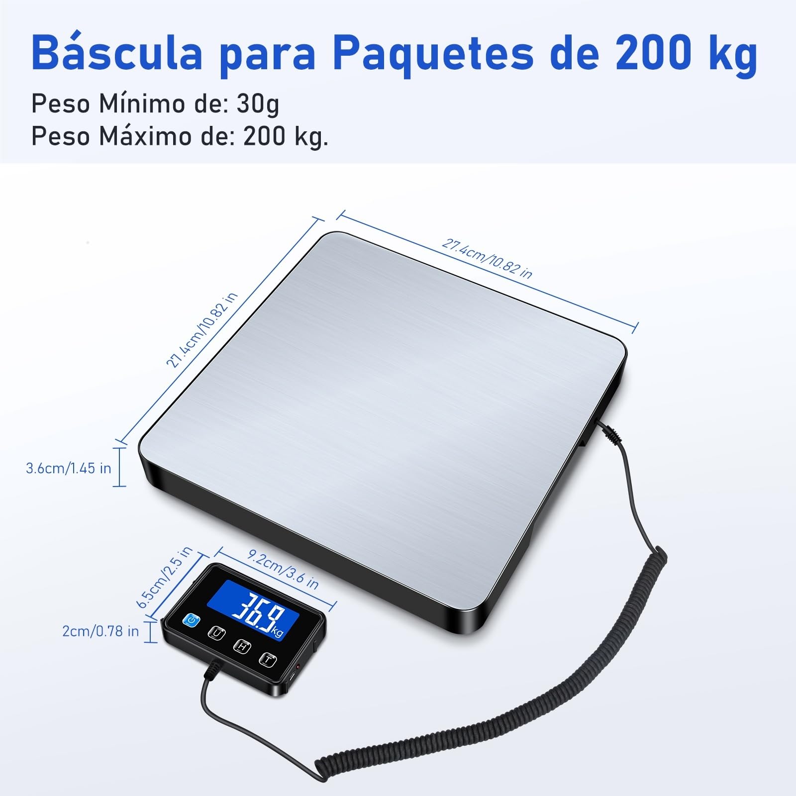 Báscula para Paquetes 440lb, Bascula Digital Alta precisión 10g con Función de Retención/Tara/LCD, Balanza Postal para Almacén/Express con Carga USB/2 Pilas AAA
