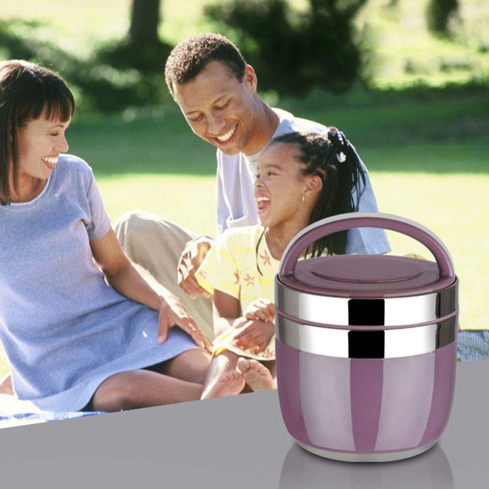 PLMKO Recipiente térmico para alimentos, recipiente térmico de acero inoxidable, fiambrera con asa, 2 capas, calidad alimentaria, fiambrera de gran capacidad (lila 1 2 L)