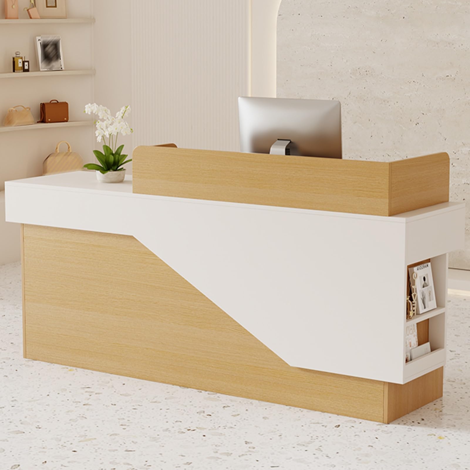 Generico Banco Cassa Moderno per Negozi con Vassoio e cassetto per Tastiera, Reception con vani portaoggetti Laterali, 120 cm, Finitura in Legno Naturale, Soluzione eleg