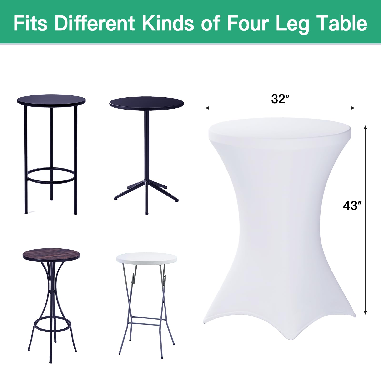 Fixwal Paquete de 4 fundas de mesa de cóctel de elastano, 32 x 43 pulgadas, color blanco, ajustadas, elásticas, para fiestas, bares, pub, bodas, banquetes