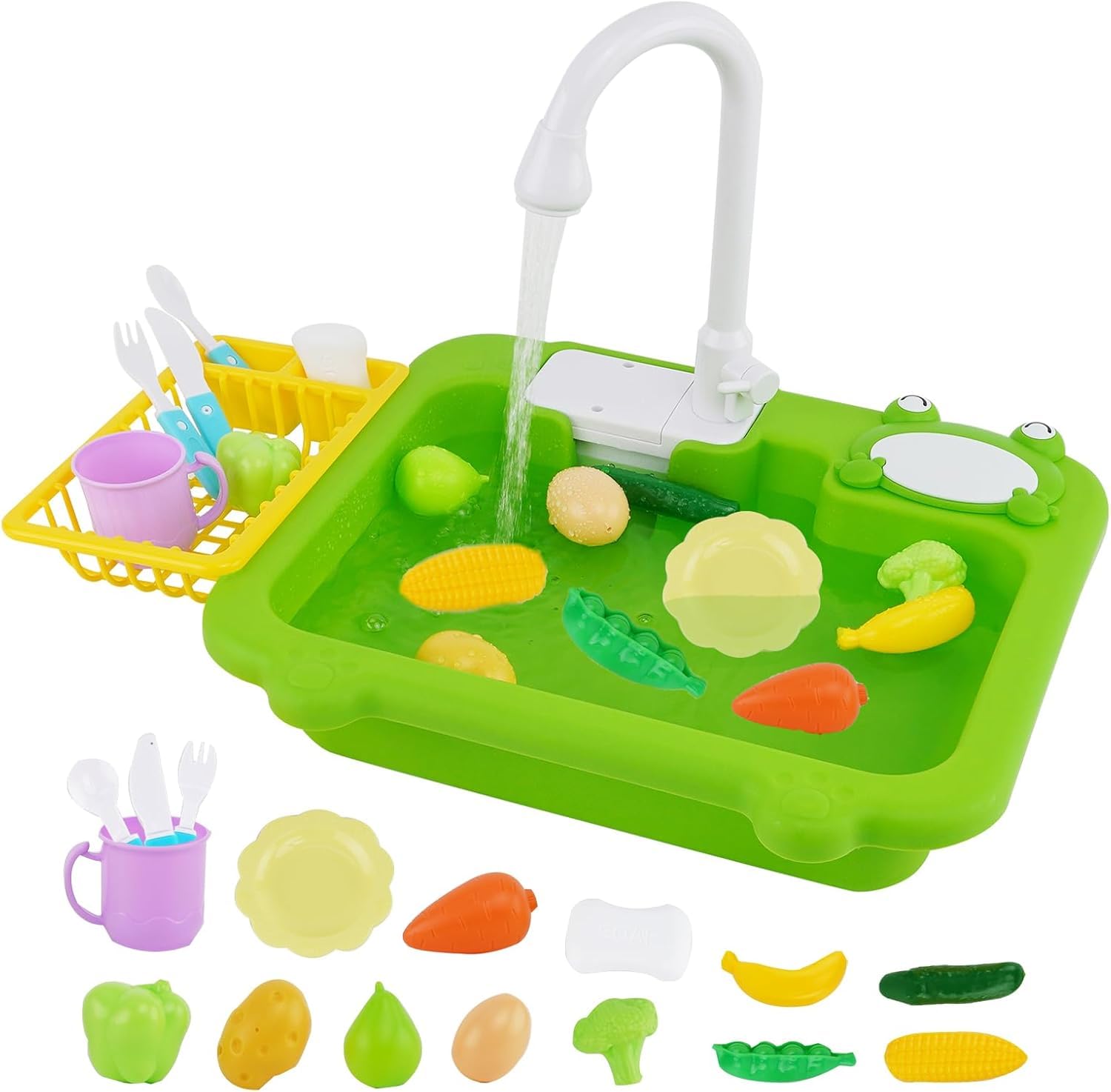Fregadero de cocina de juguete con agua corriente, juguete de cocina para niños con grifo de reciclaje de agua y lavabo, regalo para niñas y niños a partir de 3 años