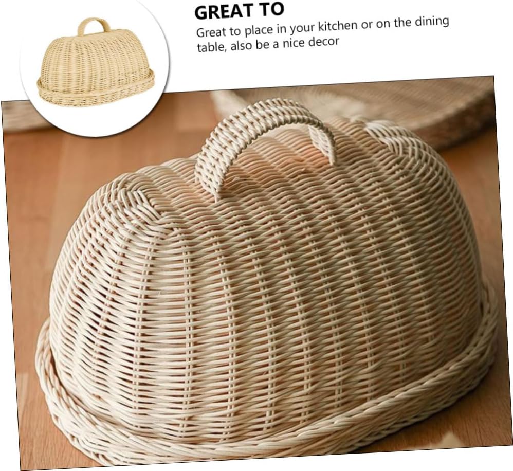 GARVALON Rattan Food Cover and Storage Tray Set, Handwoven Protective Fruit and Bread Basket, White Rattan Kitchen Fruit Cover for Dining and Serving