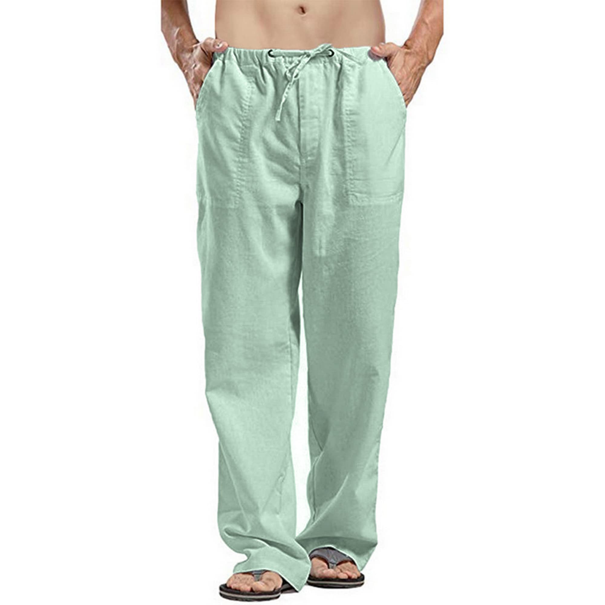 Pantalones de lino de colores sólidos para hombre, ajuste relajado, pantalones de yoga casuales, pantalones de pierna recta
