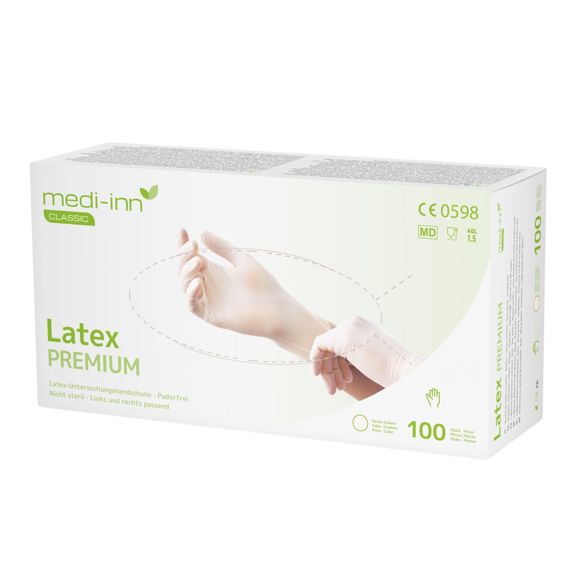 Medi-Inn+ Latex Premium Einmalhandschuhe, Gr. L, 10 x 100 Stück – puderfrei, naturfarben, für Medizin, Pflege & Labor