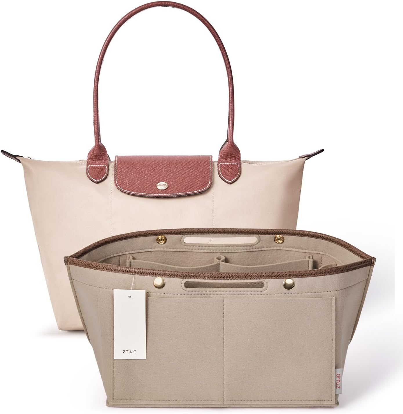 ztujo purse organizer insert for le pliage, compatible with longchamp le pliage shoulder bag s/l, top handle s/m?energy s/l, xtra s, longchamp organizer insert (beige, large) beige large
